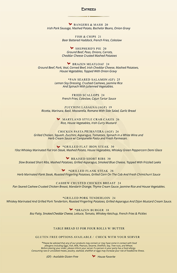 Brazen Hen Menu