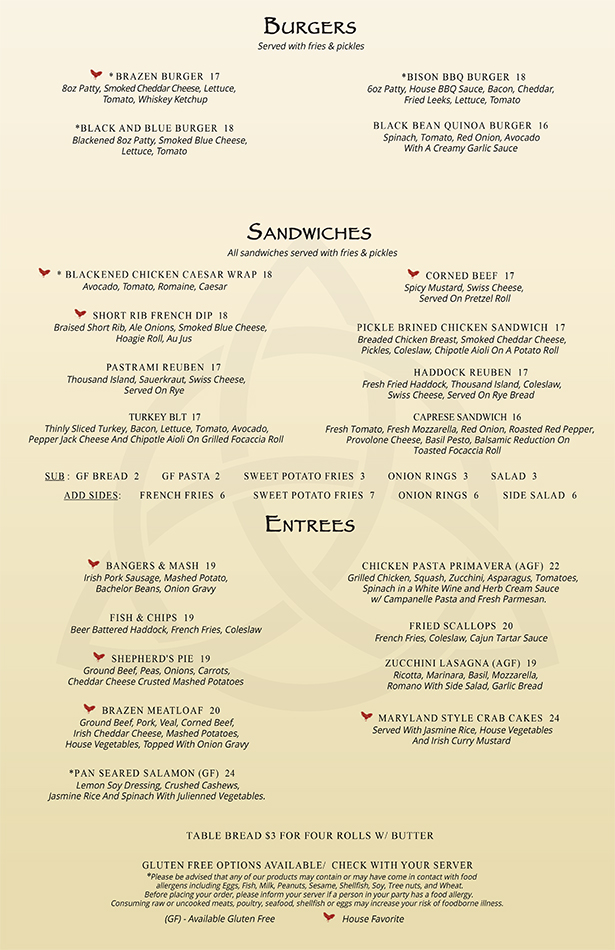 Brazen Hen Menu