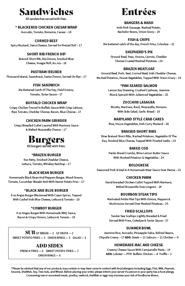 Brazen Hen Menu